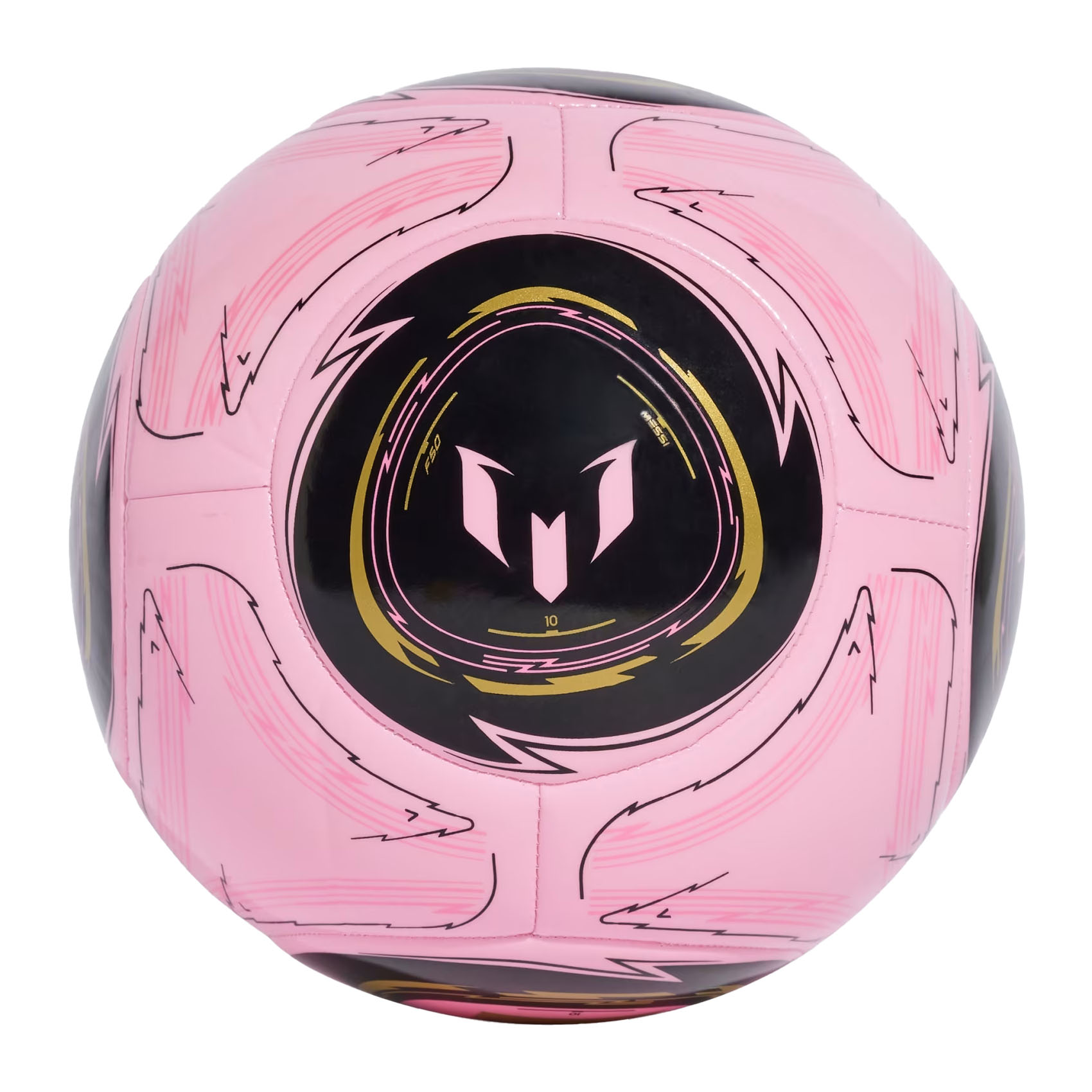 Pink and black soccer ball with geometric patterns and a central logo resembling an \“M\“, associated with Messi. The design includes gold accents and dynamic arrow motifs.
