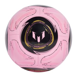 Pink and black soccer ball with geometric patterns and a central logo resembling an \“M\“, associated with Messi. The design includes gold accents and dynamic arrow motifs.