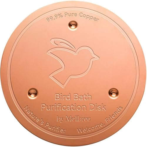 Copper Bird Bath Purification Disk by Mellbree, made of 99.9% pure copper, designed as a natural purifier with the message \“Welcome, Friends\“ displayed.