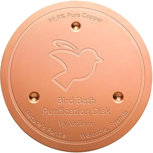 Copper Bird Bath Purification Disk by Mellbree, made of 99.9% pure copper, designed as a natural purifier with the message \“Welcome, Friends\“ displayed.