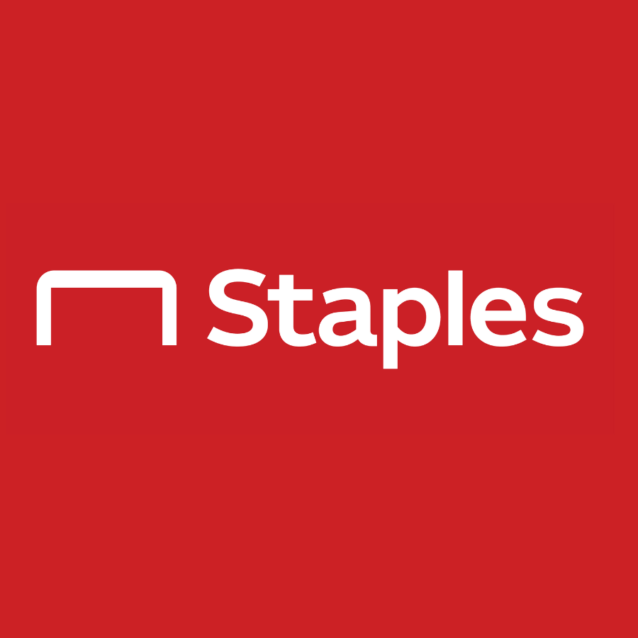 The logo of Staples, an office supply retail company, on a red background.