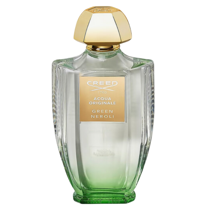 Creed Acqua Originale Green Neroli perfume in a transparent, faceted glass bottle with a green base and a gold-toned cap and label.