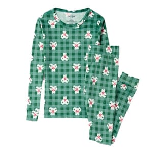 Green plaid pajamas adorned with white bears wearing red bows.