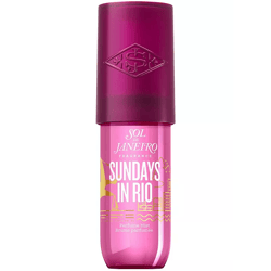 Sol de Janeiro Sundays in Rio Perfume Mist features a pink bottle with a purple cap, adorned with yellow graphics and text.