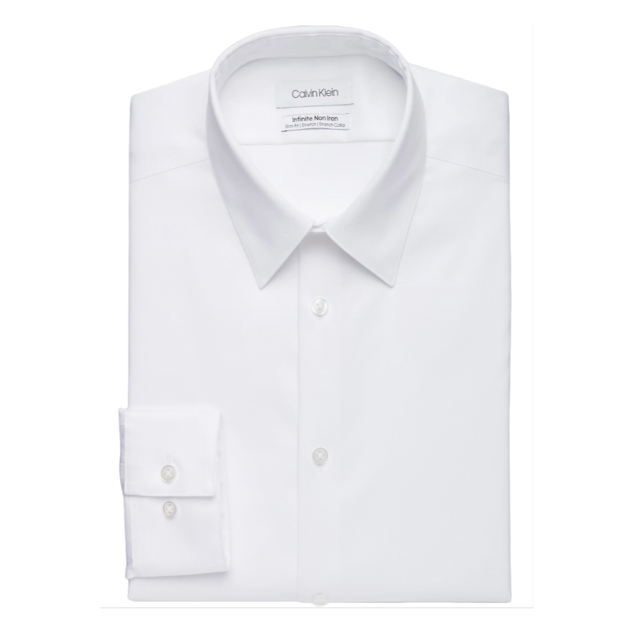 Calvin Klein Non-Iron Shirt, white, featuring a slim-fit design with a spread collar and button cuffs.