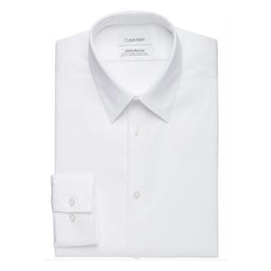 Calvin Klein Non-Iron Shirt, white, featuring a slim-fit design with a spread collar and button cuffs.