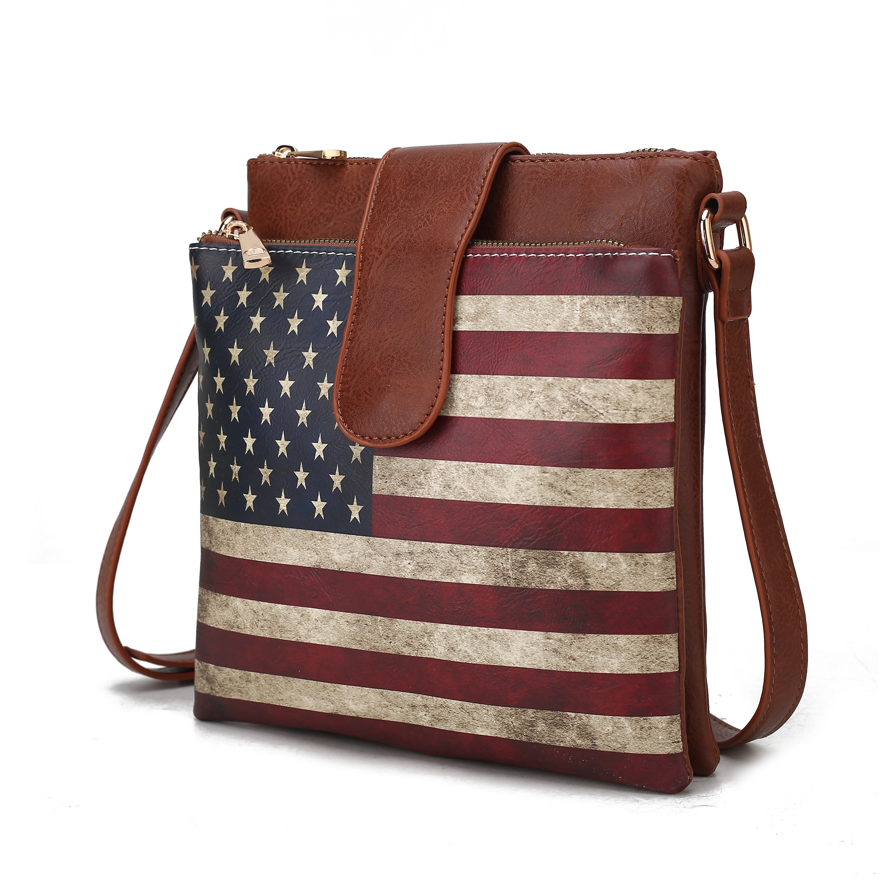A stylish crossbody bag featuring the USA flag design, with a vintage look. It has a brown leather strap and a top zipper closure, combining functionality with patriotism.