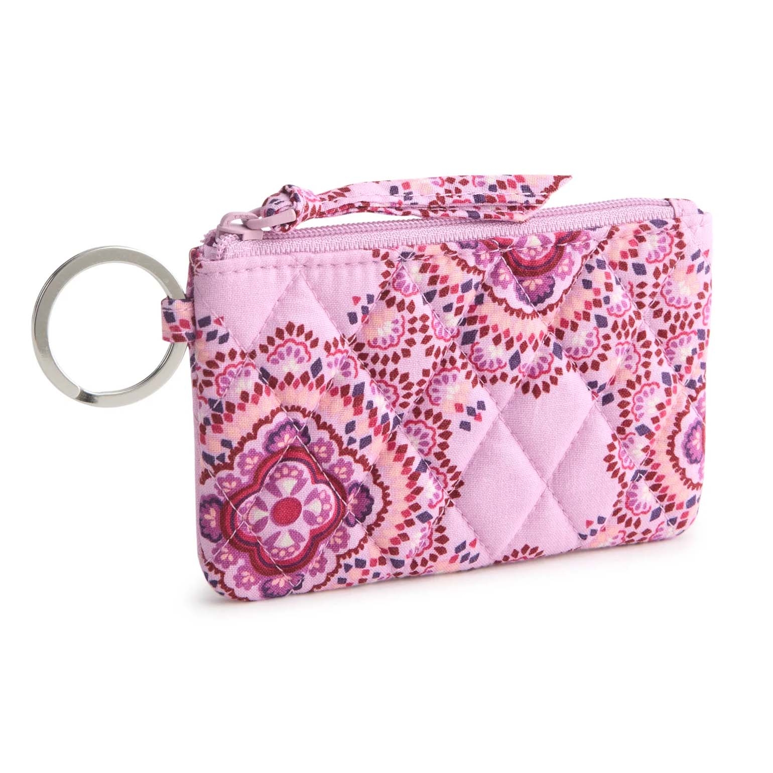 A quilted pink pouch with a colorful medallion pattern, featuring a zipper closure and an attached metal key ring.