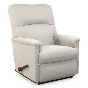 An upholstered La-Z-Boy rocking recliner with a textured beige fabric, high back, padded armrests, and a side-mounted handle for reclining.