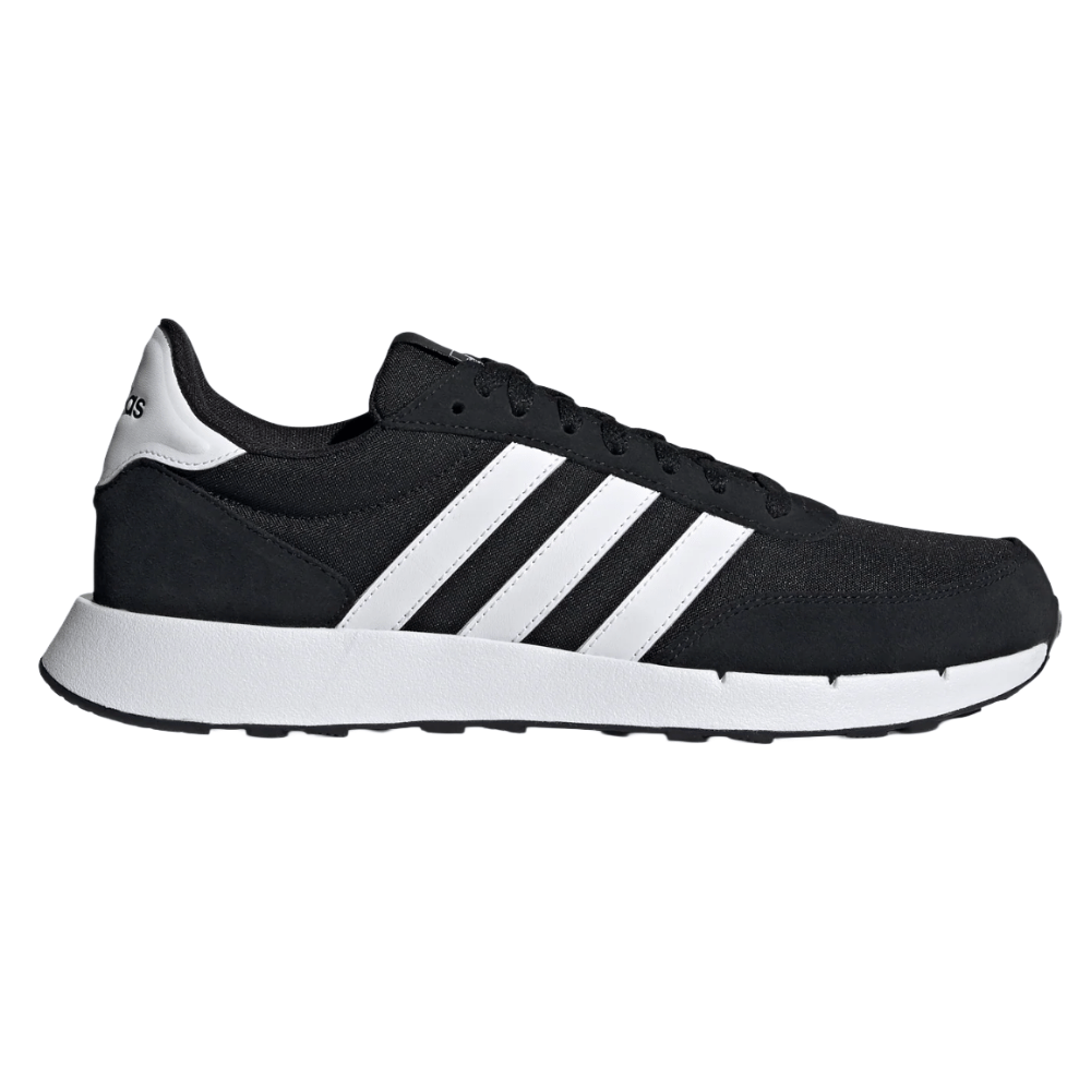 A black Adidas sneaker with white stripes and a white sole.