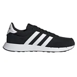A black Adidas sneaker with white stripes and a white sole.
