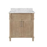 Wooden bathroom vanity with two cabinet doors and a white marble countertop.
