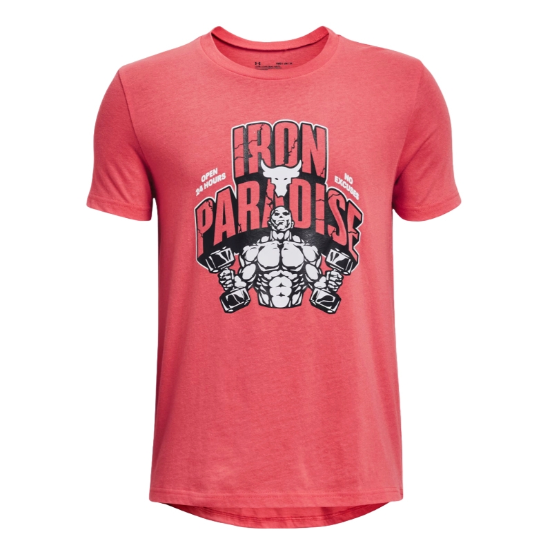 Red T-shirt featuring a muscular graphic and the text \“IRON PARADISE\“ with phrases \“Open 24 Hours\“ and \“No Excuses.\“