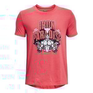 Red T-shirt featuring a muscular graphic and the text \“IRON PARADISE\“ with phrases \“Open 24 Hours\“ and \“No Excuses.\“