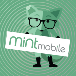A cartoon fox wearing glasses holds a sign with the Mint Mobile logo against a green spiral background.