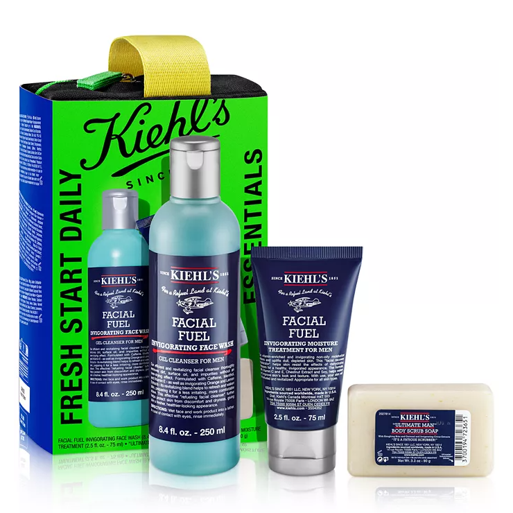 Kiehl's Fresh Start Daily Essentials set includes Facial Fuel Invigorating Face Wash (8.4 fl. oz.), Facial Fuel Moisture Treatment for Men (2.5 fl. oz.), and Ultimate Man Body Scrub Soap.
