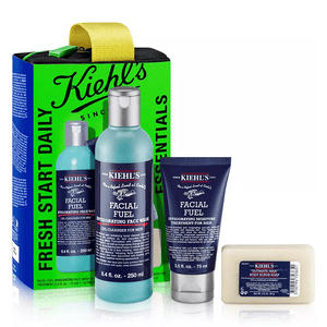 Kiehl's Fresh Start Daily Essentials set includes Facial Fuel Invigorating Face Wash (8.4 fl. oz.), Facial Fuel Moisture Treatment for Men (2.5 fl. oz.), and Ultimate Man Body Scrub Soap.