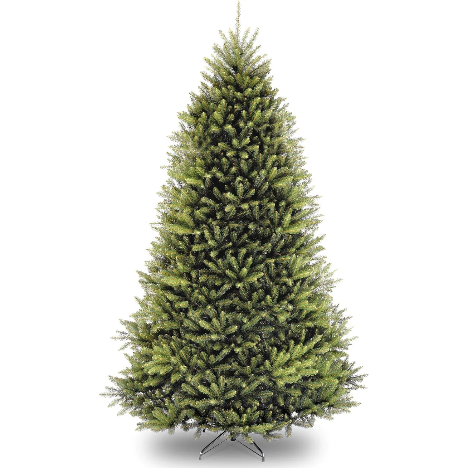 Artificial Christmas tree with dense, realistic green branches and a sturdy metal stand.
