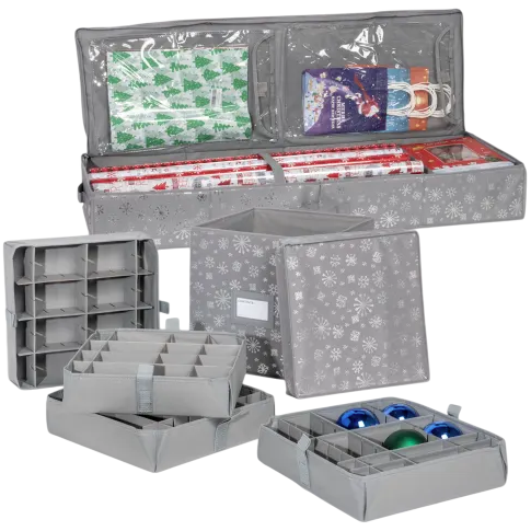 A set of gray storage organizers for holiday items, featuring compartments for wrapping paper, gift bags, ribbons, and ornament containers with adjustable dividers, all adorned with a snowflake pattern.