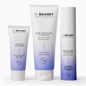 Dr. Brandt Skincare Set includes: Vacuum Cleaner T-Zone Blackhead Mask, Pore Purifying Cleanser with Unique Complex, and Mattifying Hydrator oil-absorbing pore refining gel.