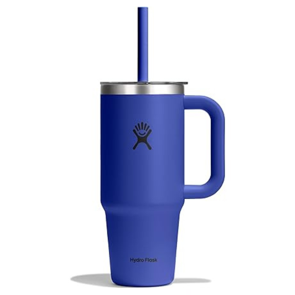 A blue Hydro Flask tumbler with a handle and a lid featuring an integrated straw.