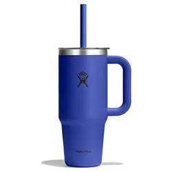 A blue Hydro Flask tumbler with a handle and a lid featuring an integrated straw.