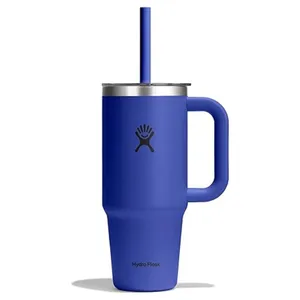 A blue Hydro Flask tumbler with a handle and a lid featuring an integrated straw.