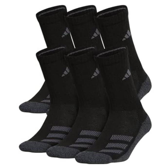 A set of black crew socks with reinforced gray soles and a logo near the top.