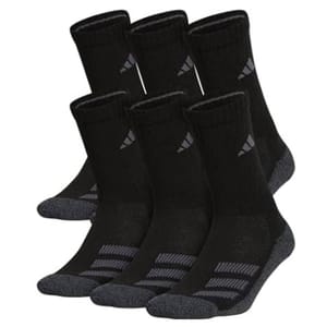 A set of black crew socks with reinforced gray soles and a logo near the top.
