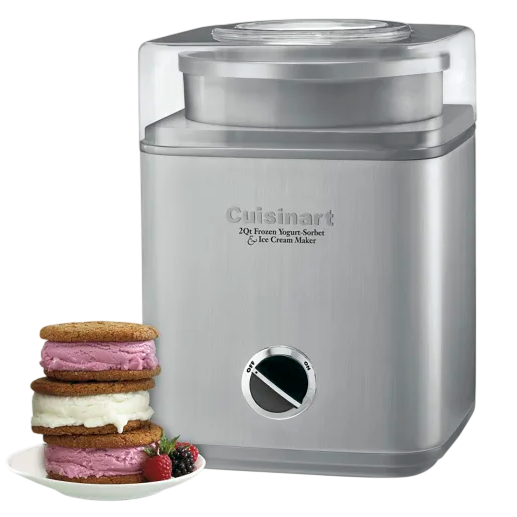Cuisinart 2-quart frozen yogurt, sorbet, and ice cream maker with a stainless steel finish, alongside a plate of ice cream sandwiches with berries.