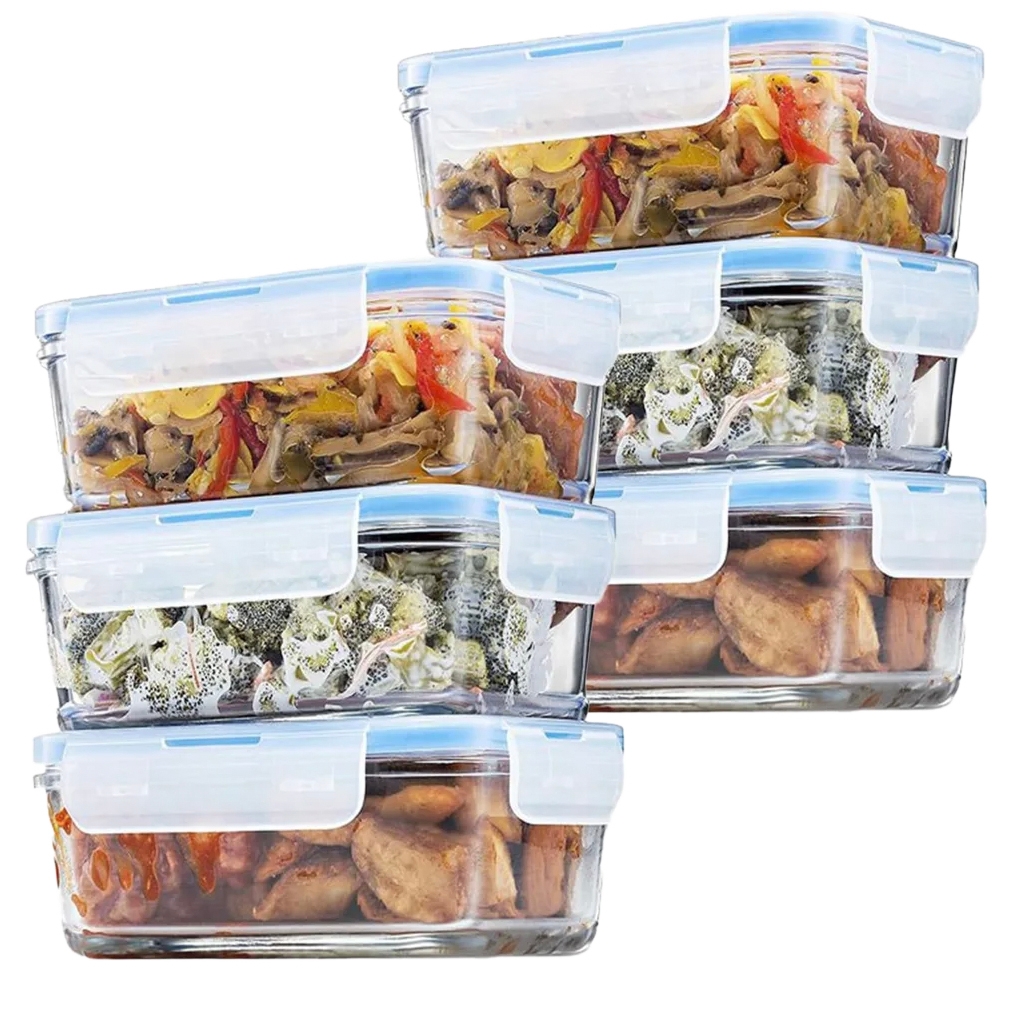 Glass food storage containers with blue airtight lids, stacked and filled with assorted foods like vegetables and meat.