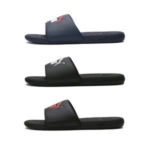 Two pairs of slide sandals, one blue with a red logo and one black with a white logo.