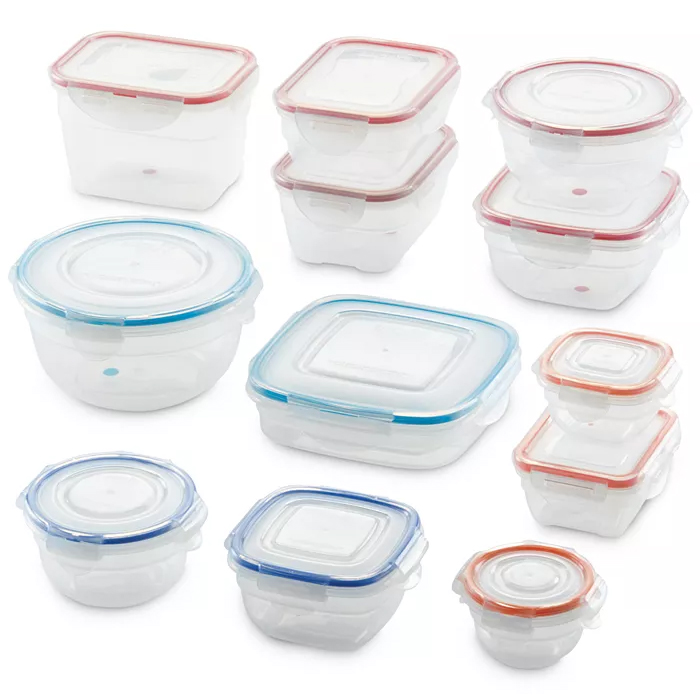 Lock n Lock 24pc Storage Container Set includes transparent rectangular and round containers with red and blue airtight lids, designed for storing and organizing food.