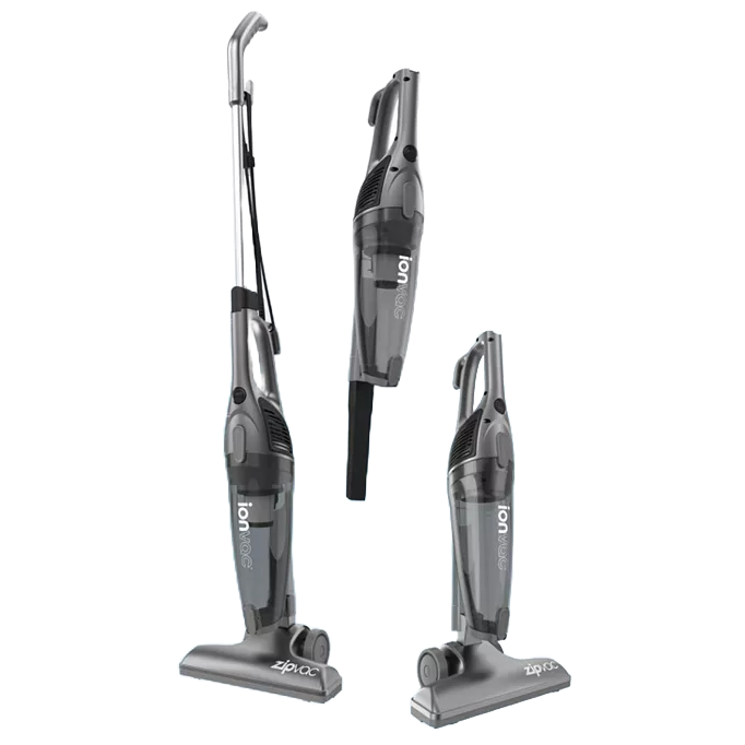 The image shows a versatile Ion Vac Zip Vac, a 3-in-1 corded stick vacuum cleaner. It can be used as an upright, a handheld, or with the nozzle attachment for different cleaning needs.