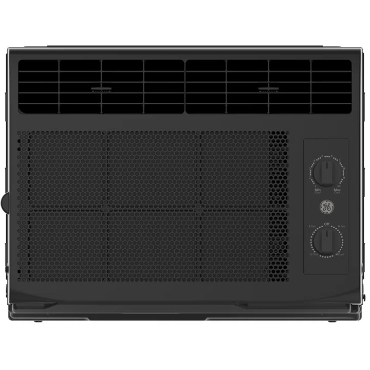 The GE 5,000 BTU Air Conditioner in black features manual controls with two dials for temperature and fan speed settings. Its compact design is suitable for small spaces, offering basic cooling functionality.