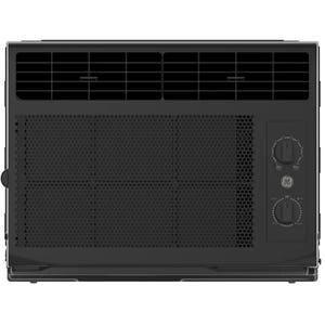The GE 5,000 BTU Air Conditioner in black features manual controls with two dials for temperature and fan speed settings. Its compact design is suitable for small spaces, offering basic cooling functionality.