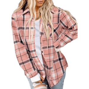A woman is wearing a pink plaid flannel jacket over a white top, paired with light blue ripped jeans.