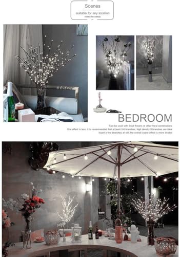 LED branch lights used for home decor, shown in indoor and outdoor settings.