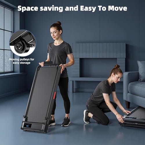 Folding treadmill with moving pulleys for easy storage, shown in upright and flat positions.