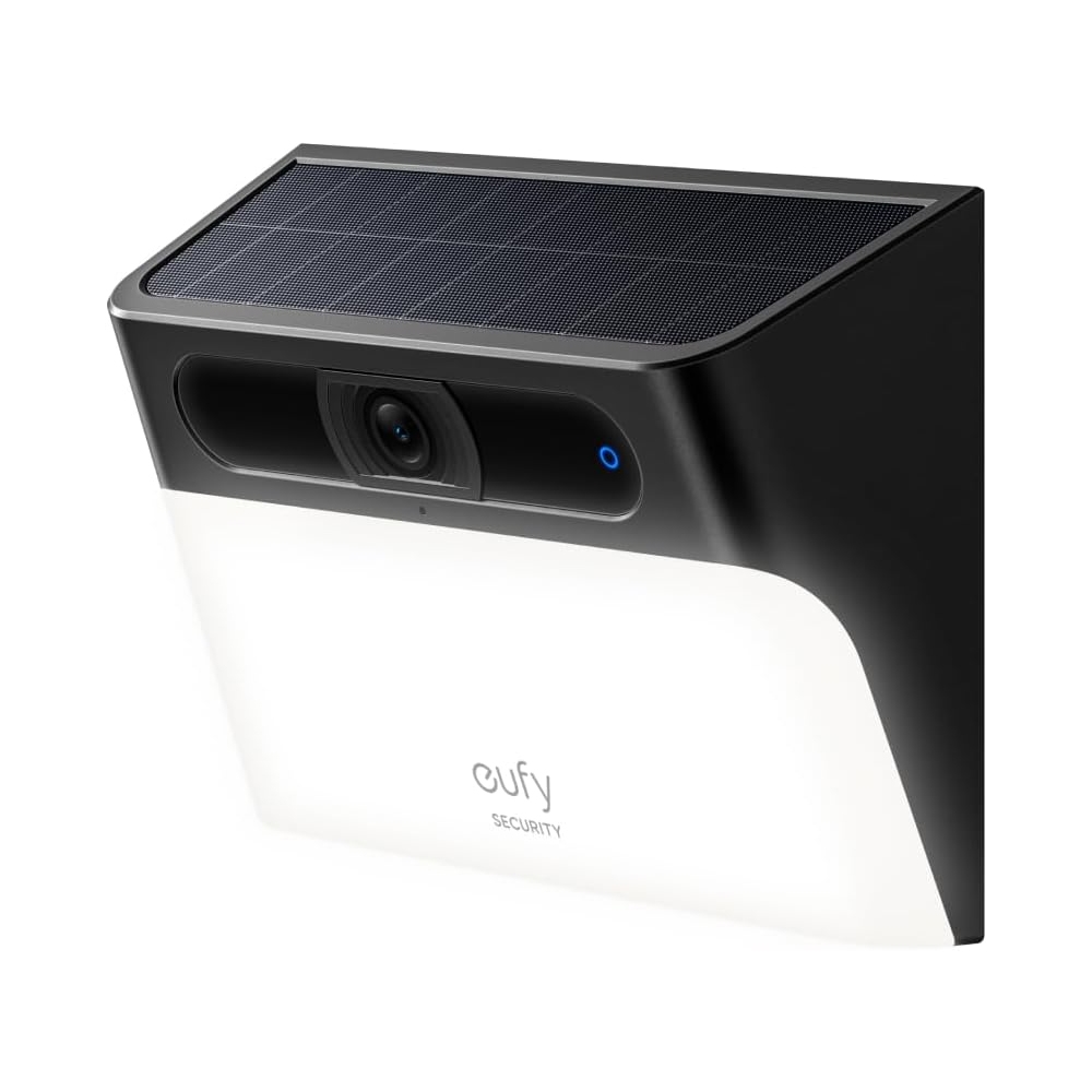 A Eufy Solar Camera Wall Light combines a security camera with a solar-powered LED light. It features a sleek design with a solar panel on top and a camera lens integrated into the front, offering sustainable outdoor security lighting.