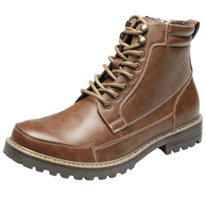 Brown leather lace-up boot with a rugged sole and contrast stitching, featuring metal eyelets and a padded collar for added comfort.