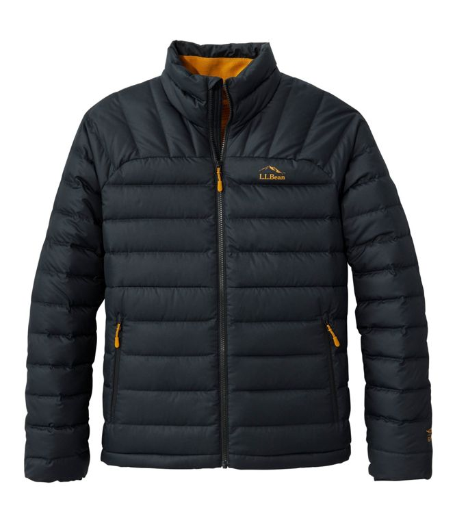 Navy puffer jacket with yellow accents, featuring a zip closure and two zippered pockets, from L.L. Bean.
