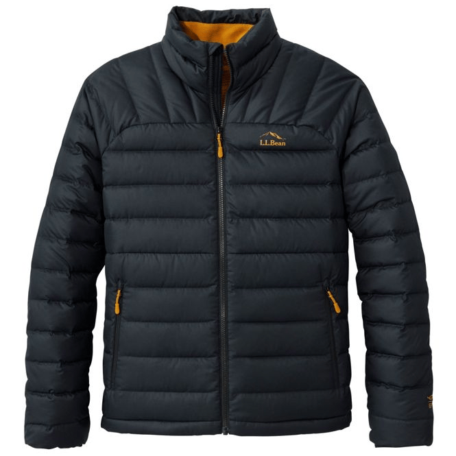 Navy puffer jacket with yellow accents, featuring a zip closure and two zippered pockets, from L.L. Bean.