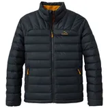 Navy puffer jacket with yellow accents, featuring a zip closure and two zippered pockets, from L.L. Bean.