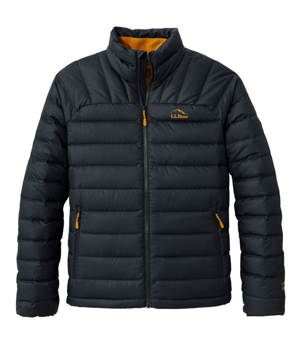 Navy puffer jacket with yellow accents, featuring a zip closure and two zippered pockets, from L.L. Bean.