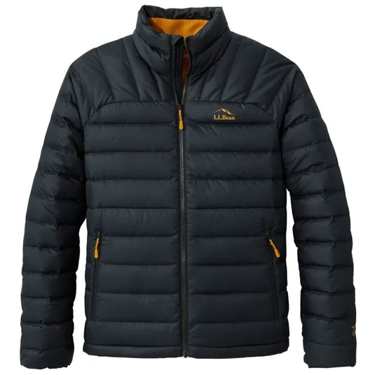 Navy puffer jacket with yellow accents, featuring a zip closure and two zippered pockets, from L.L. Bean.