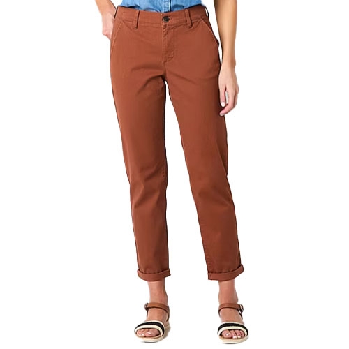 Brown cuffed chinos paired with a blue shirt, worn with black and white sandals.