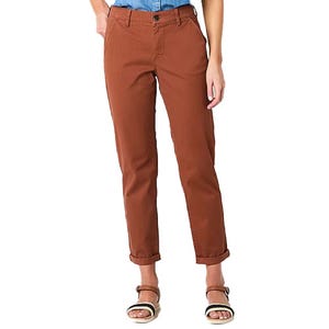 Brown cuffed chinos paired with a blue shirt, worn with black and white sandals.