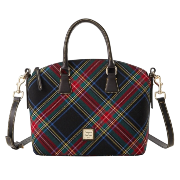 A plaid satchel with a red, green, and blue tartan pattern, featuring black leather handles and an adjustable shoulder strap. Includes a gold-tone logo plate on the front.