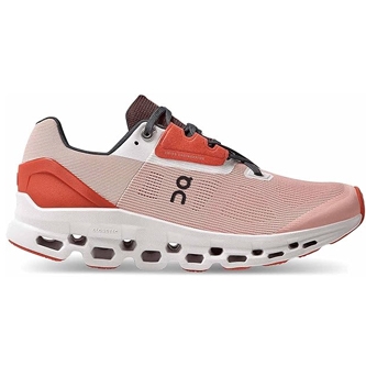 On Women's Cloudstratus Shoes feature a sleek design with a red and white color scheme, showcasing a perforated sole for enhanced cushioning and comfort, suitable for running and casual activities.